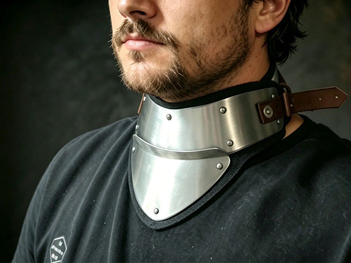LEONARK 1.2mm Stainless Steel Gorget Neck Guard, Hand Forged Historical Medieval Neck Armor with Adjustable Leather Strap, Felt Lining Front & Back Protection, for Hema Sword Fighting Combat Training